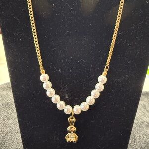 Gold Bunny Pendant Necklace with Faux Pearls & Rhinestones